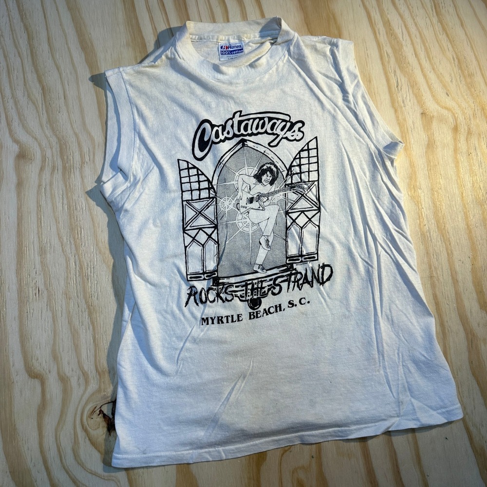 Vintage 80s Hanes Castaways Myrtle Beach Rocks The Strand Muscle Tee White L